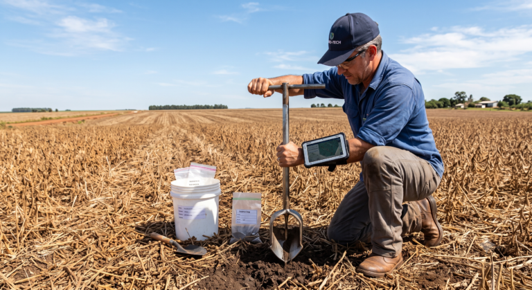 Técnico realizando amostragem de solo georreferenciada com trado e GPS